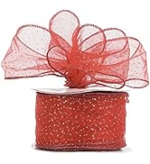 MEEDEE Red and Gold Polka Dot Ribbon 2.5 Inch Red Organza Ribbon with Gold Glitter Christmas Wire...