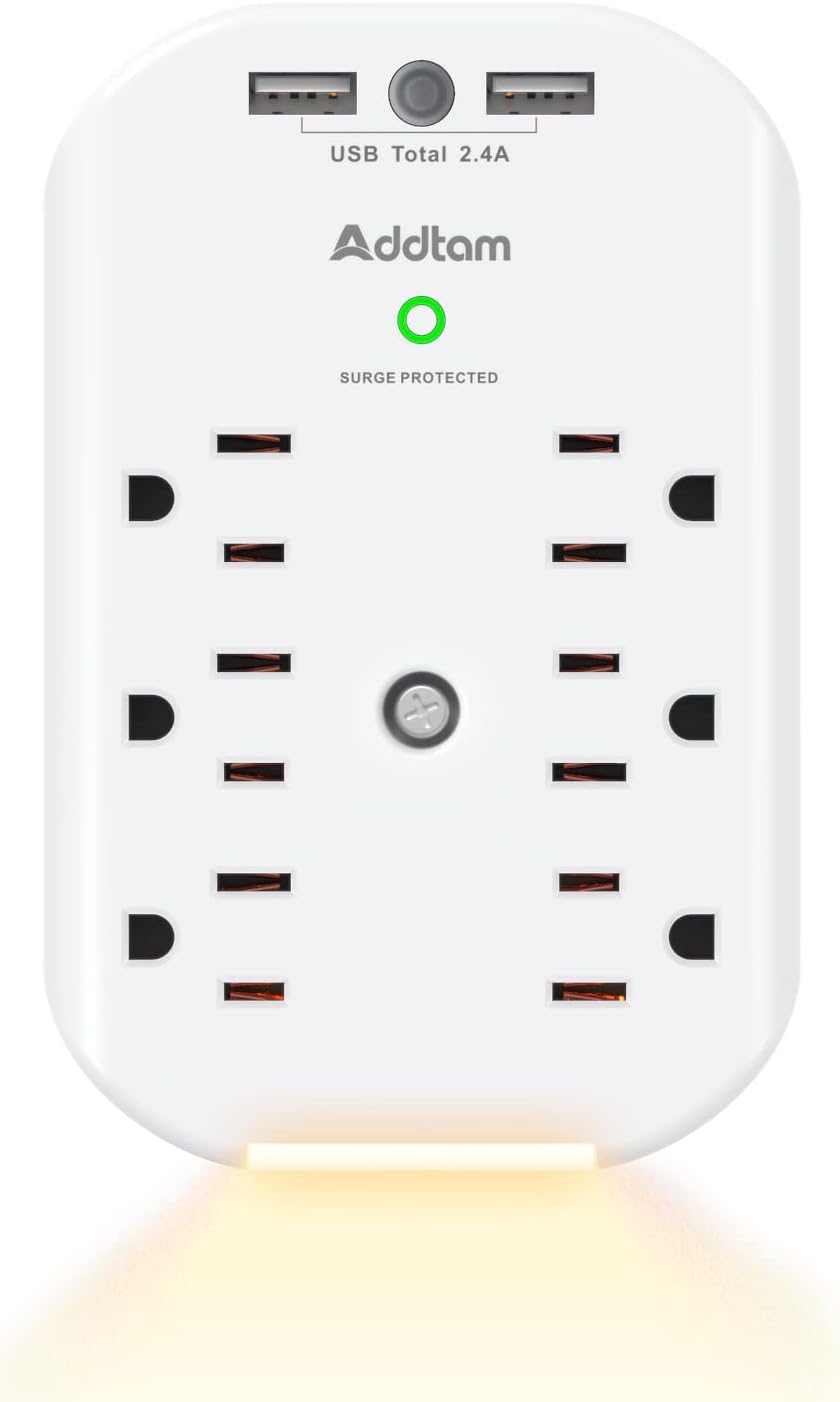Surge Protector, USB Wall Charger, Addtam 6-Outlet Extender with 2 USB Charging Ports and Night Light, Power Strip Multi Plug Outlets Wall Adapter Expander, ETL Listed