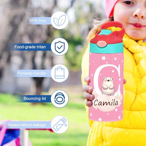 Image of callie Personalized Animal Insulated Water Bottle for Kids, Custom 12 oz Leak Proof Lid Stainless Steel Cups with Straw, Cute Gifts for Boys Girls