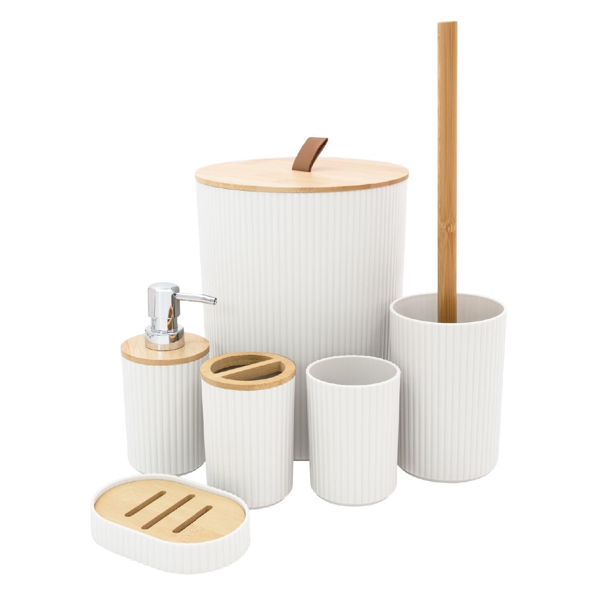 Anika Bathroom Accessory Set/Modern Bathroom Essentials Set/Includes Toothbrush Holder, Waste Bin, Toilet Brush, Cup, Soap Dish and Soap Dispenser (White)