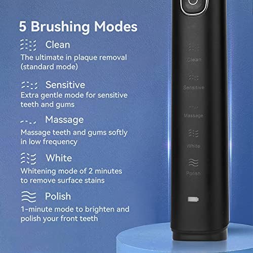 Electric Toothbrush for Adults,Rechargeable Sonic Toothbrush with Travel Case,5 Option Modes, 5 Replacement Brush Heads by CheersonicBlack