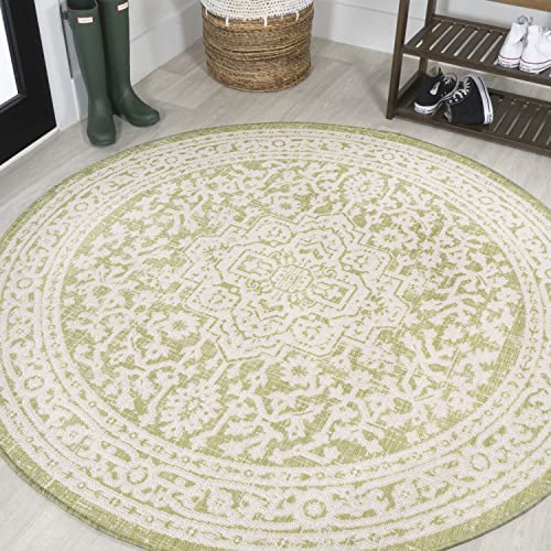 JONATHAN Y Medallion Weave Indoor Outdoor Round Area Rug 5 Ft Green/Cream, Sinjuri Textured for Backyard, Patio, Porch, Easy-Cleaning, High Traffic, Pet-Friendly, Non-Shedding (SMB101E-5R)