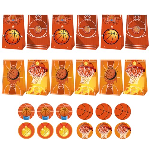 12 bolsas de papel para fiesta de baloncesto, 12 bolsas de calcomanías, bolsas de golosinas, bolsas de regalo con impresión para niños, suministros de fiesta de cumpleaños con temática de baloncesto