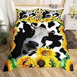 feelingyou Kuh-Bettwäsche-Set 200 x 200 cm, gelbe Sonnenblumen & Milchkuh-Druck Bettbezug-Set Natur-Landtier-Bettwäsche-Set für Kindergeschenk, Tagesdecke mit Blumen- & Kuh-Druck + 2 Kissenbezüge