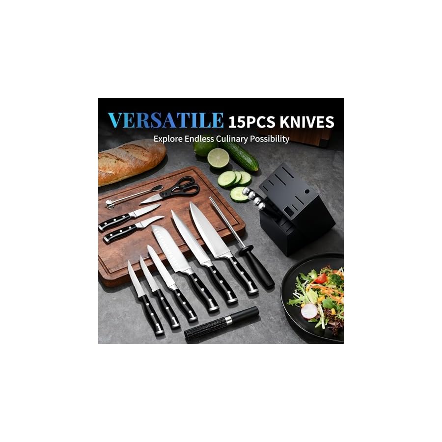 Knife Set, 15 Piece Premium Kitchen Knife Block Set, Razor-Sharp, High Carbon Stainless Steel Chef Knife, Ergonomic Forged Triple Rivet Handle, Black Sharp Knife Set for Kitchen, Dishwasher Safe