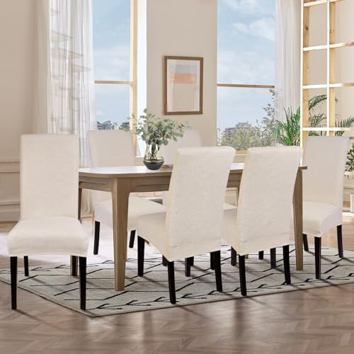 Image of SearchI Jacquard Dining Room Chair Covers Set of 4, Stretch Kitchen Chair Covers Washable Parsons Chair Slipcover Removable Dining Chair Protectors for Hotel,Ceremony(Beige)