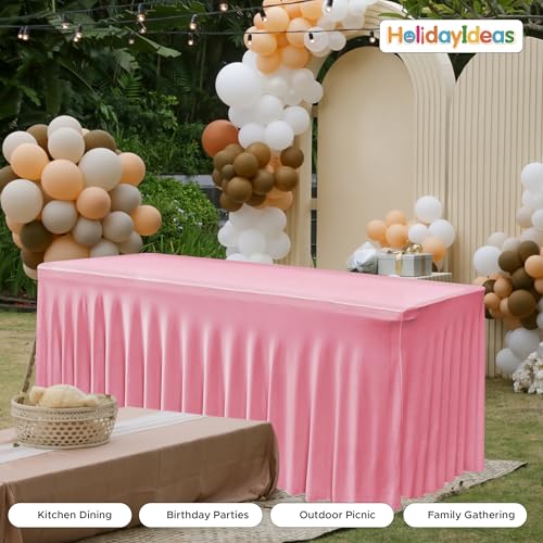 Image of HolidayIdeas 2 Pack Spandex Table Skirts for 4 ft Folding Table, Stretch Rectangle Tablecloth for Wedding, Banquets, Parties, Pink, 24x48
