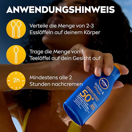 NIVEA SUN Schutz & Pflege Sonnenlotion LSF 50+, wasserfester Sonnenschutz mit Vitamin C & Hyaluron, schnell einziehende Sonnencreme für 48h Feuchtigkeit ohne weiße Rückstände (100 ml) – Bild 6