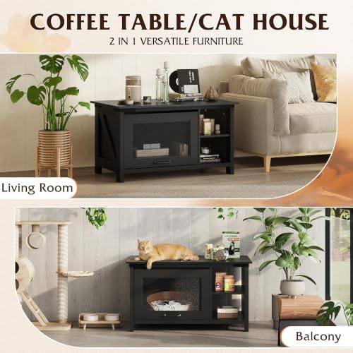 Image of WLIVE Wooden Coffee Table with Flip-up Door, 2-in-1 Cat House, Black