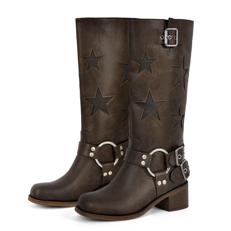 Image of KISTANIA Women's Knee High Riding Boots Square Toe Chunky Heel Fashion Buckle Belts Cowboy Cowgirl Moto Boots with Stars