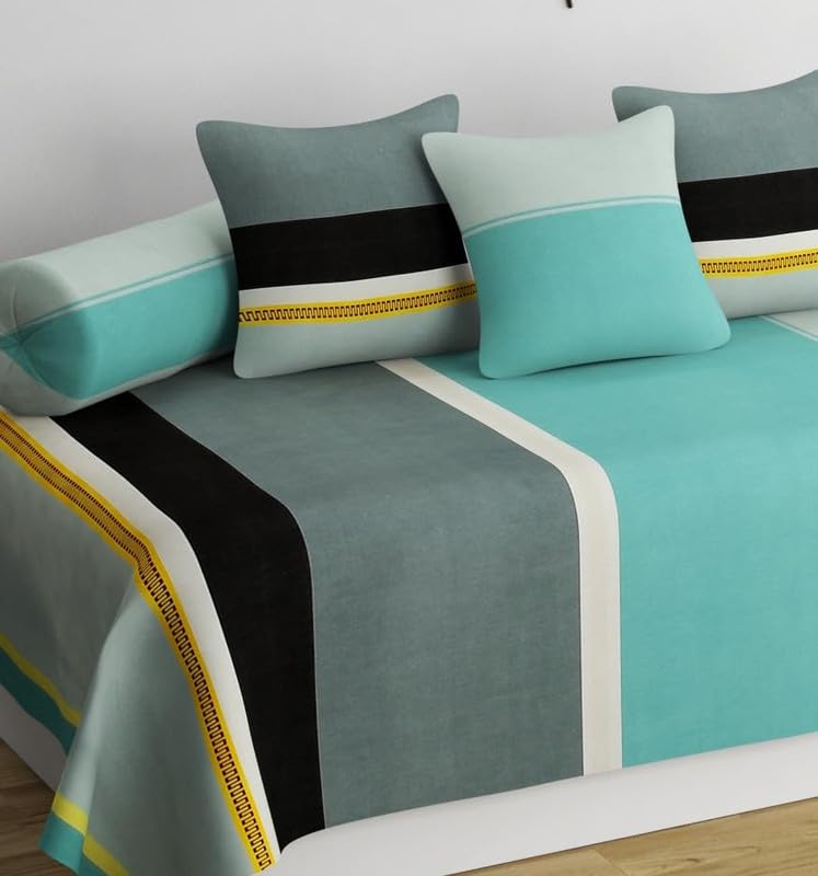 Image of NHD HOME diwan Set for Living Room, Diwan Set Glace Cotton, diwan Set 8 Pieces (1 Single Bedsheet, 5 Cushion Covers, 2 Bolster Covers) (Color-Light Blue) Abstract