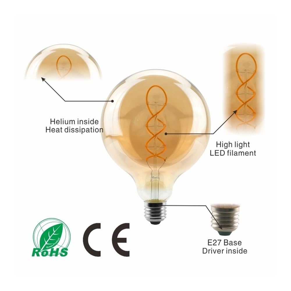 HHF Iluminación del hogar, Paquete de 5, bombilla Edison Retro E27 AC220V 4W bombilla de filamento LED en espiral suave G80 G95 G125 lámpara Vintage(E27 G125)