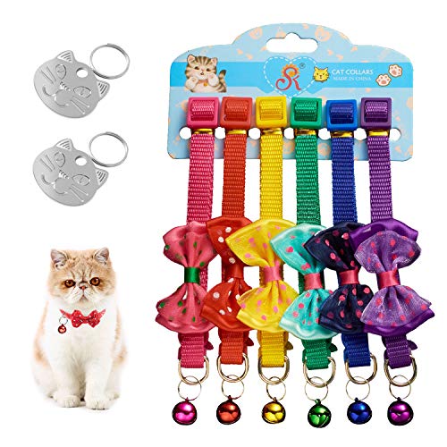 Unisun Katzenhalsband,6 Stück Einstellbare Reflektierende Schnellverschluss Haustier Halsband Katzenhalsbänder mit Glocke und 2er Pack Cat ID Tags für alle Katzen