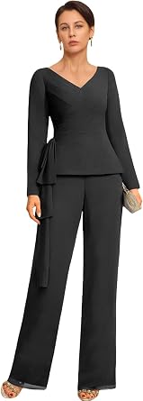 2 Piece Chiffon Mother Bride Pants Suits V Neck Long Sleeve Formal Outfit