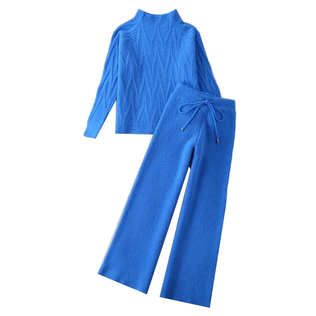 Women Tracksuit Winter Knitted Two Piece Set Wide Leg Pant Warm Sweater Elastic Trousers Suits