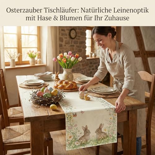 Ostern Tischläufer mit Hasen und Blumen, Waschbare Frühling Tischdekoration für Küche und Esstisch, für drinnen und draußen, Ostergeschenke, 140x40 cm