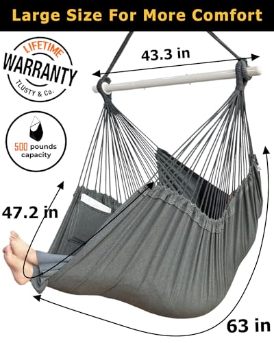Image of XXL Hammock Chair Hanging Rope Swing with 2 Cushions - Max 500lbs-Perfect for Patio, Porch, Bedroom, Backyard, Indoor or Outdoor - Includes Hanging Hardware Kits