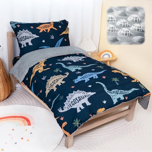 TinyPalsa Dinosaur Toddler Bedding Set 4-Piece Comforter Set for Girls and Boys Breathable Crib Bedding Includes Ultra-Soft Plush Minky Comforter Flat and Fitted Sheets and Reversible Pillowcase