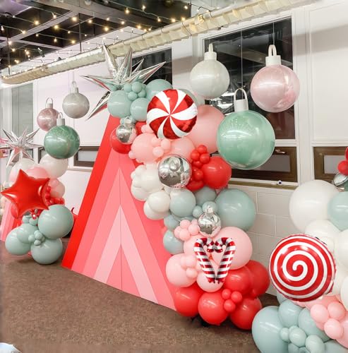 Image of Christmas Balloons Set, 35pcs Xmas Baby Pink Red Light Green and Candy Cane Star Foil Balloons for Merry Christmas Candy Theme Candyland Party Baby Shower Gender Reveal New Year Decorations Supplies