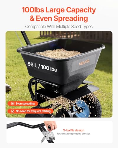Image of VEVOR Broadcast Spreader, 100LBS Capacity, Walk-Behind Push Spreader, 0-9.8ft Spreading Width, 13 in All Terrain Pneumatic Tires, Fertilizer Spreaders with Hopper Grate, for Seed Salt Ice Melt