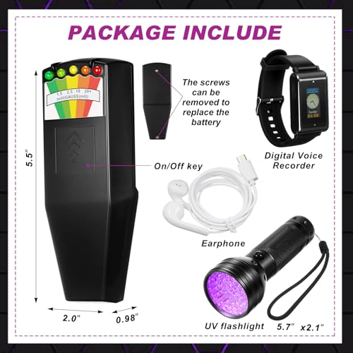 Image of Dunzy 3 Pcs Ghost Hunting Equipment Kit, 1 LED Emf Magnetic Field Hunting Detector, 1 Digital Voice Recorder Watch EVP Recorder with Playback 32 Gb, 1 Black UV Flashlight for Paranormal Research Tools
