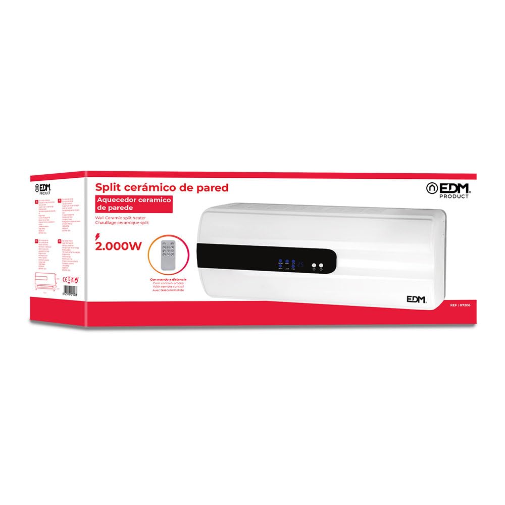 Calefactor split cerámico de 1000-2000W con mando a distancia, ideal para calefacción eficiente en espacios reducidos.
