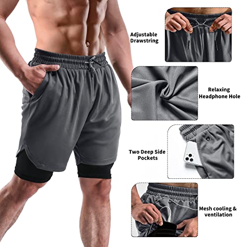 Fioneca 2 In 1 Mens Shorts Casual 2 Pack, Running Gym Shorts For Men 7 Inch, Workout Shorts Men With Pockets &Towel Loop -(Black&Dark Grey,L) #TOP2