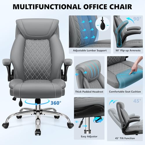 Image of BestGlory Executive Office Chair with Lumbar Support, Big and Tall Ergonomic Computer Desk Chair, Leather Comfy High Back Gaming Chair with Flip Up Arms & Rocking Function for Home Office, Gray