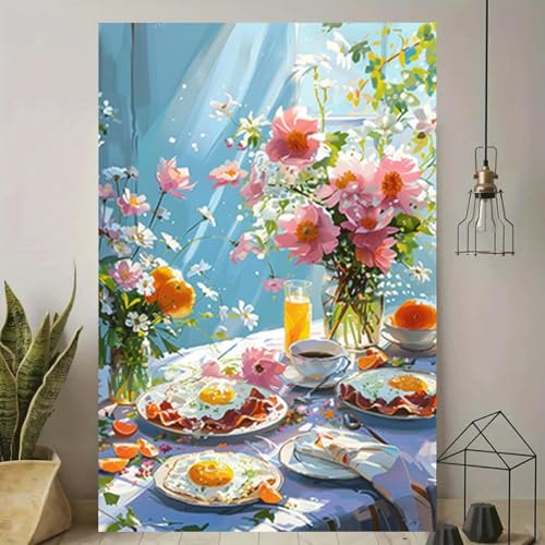 Table de petit-dejeuner ensoleillee affiche fleurs 30x45cm pour une cuisine lumineuse