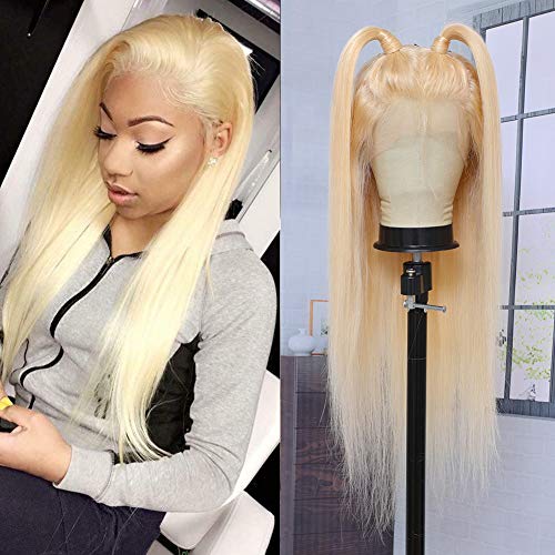 SUNYUON 613 Blonde Lace Front Wig Human Hair Pre Plucked 13x4 Brazilian Straight Lace Frontal Wig with Baby Hair 150% Density Light Blonde Human Hair Wigs for Black Woman Bleached Knots (16 Inch)