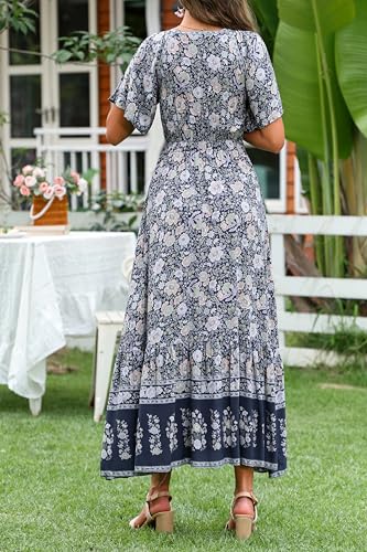 Image of R.Vivimos Women's Summer V Neck Maxi Dress Boho Floral Print Short Sleeve Elastic Waist Ruffle Patchwork A-Line Beach Dress