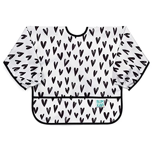 Image of Bumkins Sleeved Bib for Girl or Boy, Baby and Toddler for 6-24 Months, Essential Must Have for Eating, Feeding, Baby Led Weaning Supplies, Long Sleeve Mess Saving Food Catcher, Hearts Black and White
