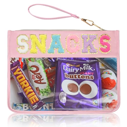 Image of Burskit Clear Zipper Pouch for Travel Snacks Bag Nylon Clear Cosmetic Bag Makeup Travel Bag for Women with Glitter Patch Letters (Pink-Snacks)