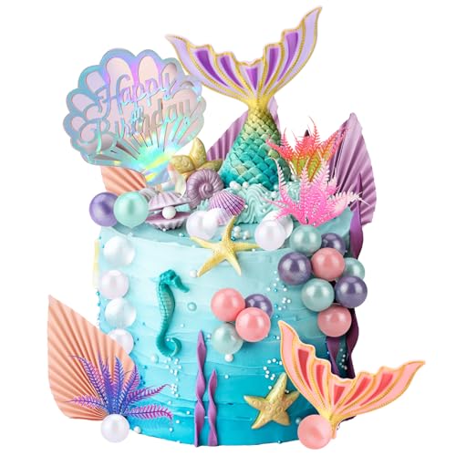 GSrenyu 35 PCS Mermaid Cake Topper Decoration Set with Mermaid Tails Mini Pearl Balls Happy Birthday Topper Seaweed Cupcake Decoration for Girls Birthday Mermaid Ocean Themed Party