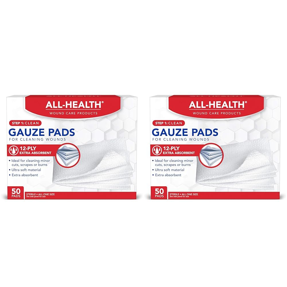 Amazon Basic Care Gauze Pads, 3x3 inches Sterile Medical Wound Dressing Sponges for Cleaning, Covering, & Cushioning Cuts & Minor Injuries, 50 Count (Previously All Health) (Pack of 2)