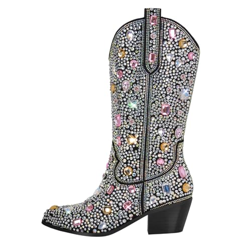 Image of Richealnana Sparkly Rhinestones Cowboy Cowgirl Style Boots Calf High Boots for Women 2INCH Heeled Shining Pull On Tabs