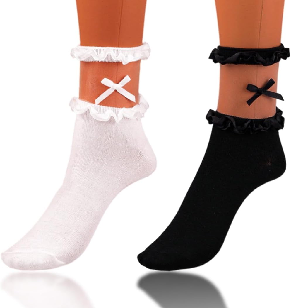 Lace Ankle Socks Cute Lolita Bow Fashion Socks Comfortable Cotton Dress Sock Summer Daily for Women 2 Pairs