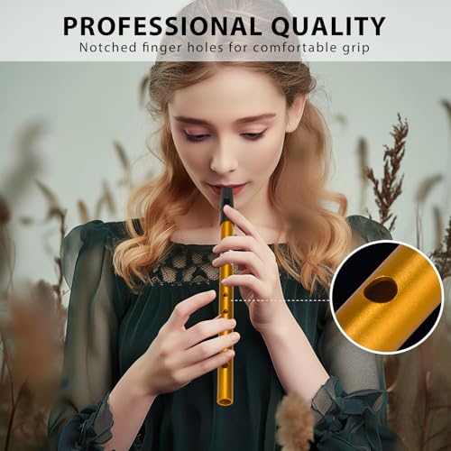 VixxNoxx Irish Tin Whistle in C Key with Music Book & Bag, 6-Hole Traditional Penny Whistle Flute for Adults & Beginners, Brass Wind Instrument for Celtic Folk Music (Gold)