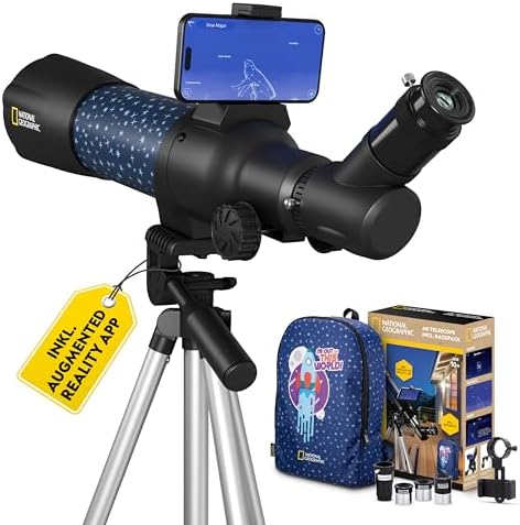 National Geographic smartes AR - Telescopio per bambini con treppiede, zaino, supporto per smartphone e app di realtà aumentata