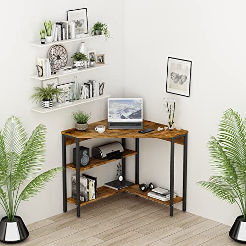 Auromie Corner Desk With Outlets & Usb Ports, 90 Degree Triangle Corner Table With Cpu Stand & Storage Shelves For Small Space, Computer Table With Charging Station For Home Office Bedroom (Rustic) #TOP1