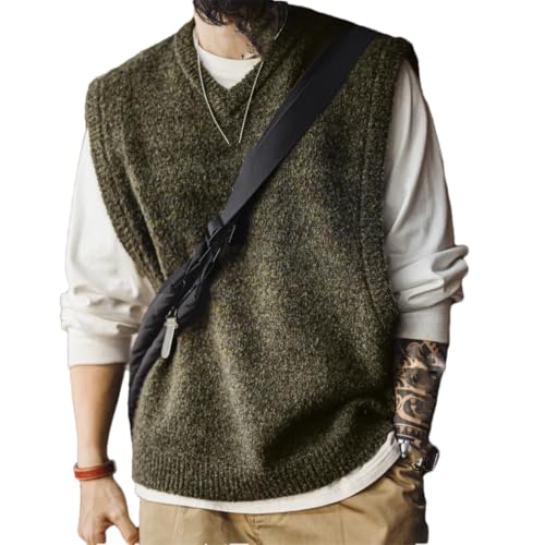 Men's Vintage Pullover V-Neck Knit Vest Solid Sleeveless Waistcoat Winter Layering Sweater