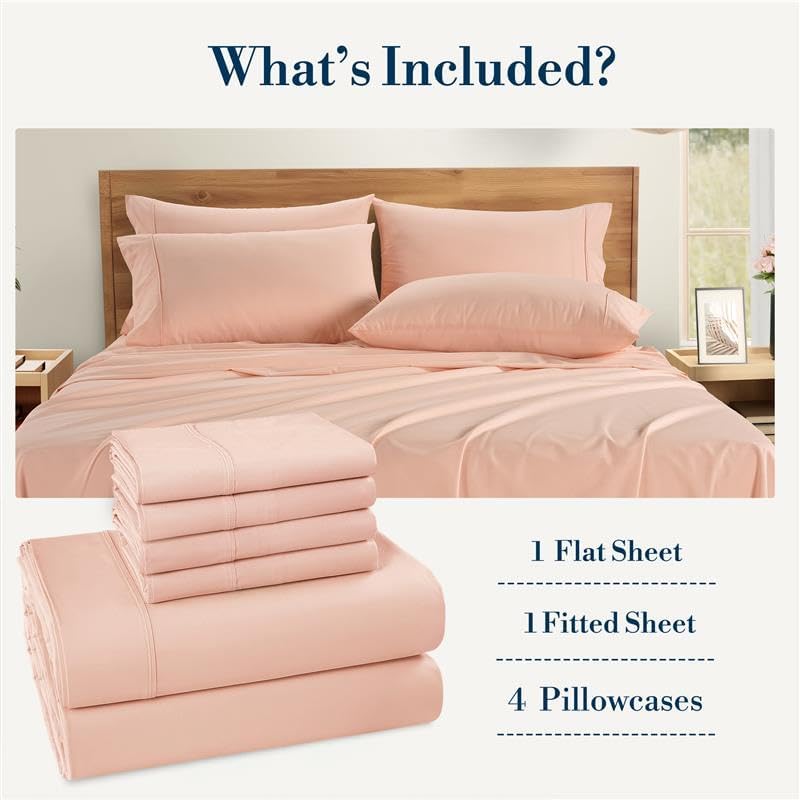 Casa Platino 100% Cotton Queen Size Sheets Set – 6 Piece Crisp Percale Queen Size Cooling Sheets, Lightweight for Summer, with 15" Deep Pocket Fitted Sheet Nightly Comfort & Airy Sleep – Veiled Rose - Thumbnail 4