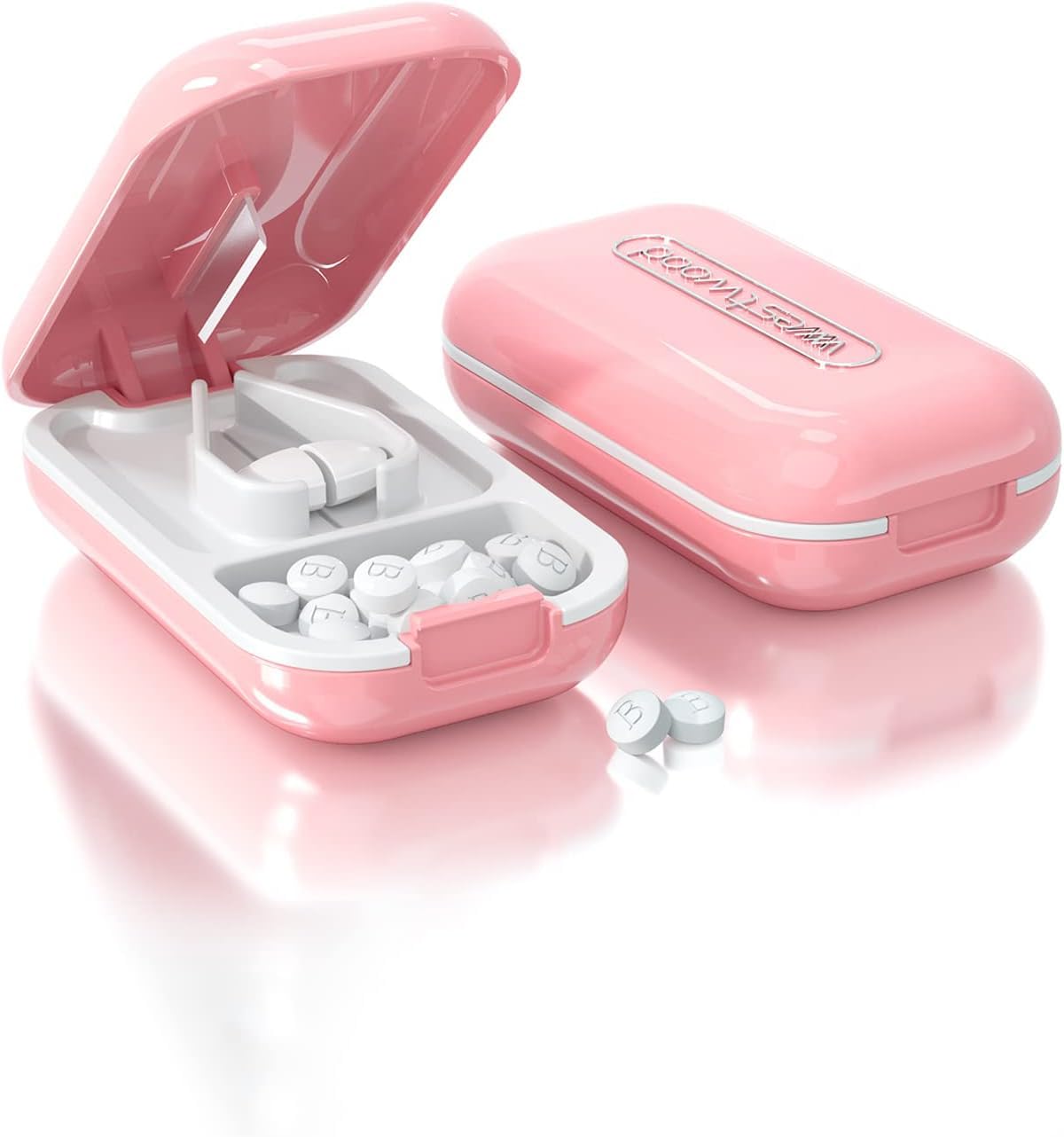 cfmour Pill Cutter for Small Pills - The Best Pill Splitter Multiple Size - Pill Splitter for Large Pills Adjustable - Cut Tablet in 1/2, 1/4 (Blue) with a Mini Pill Organizer Compartmen (Pink)