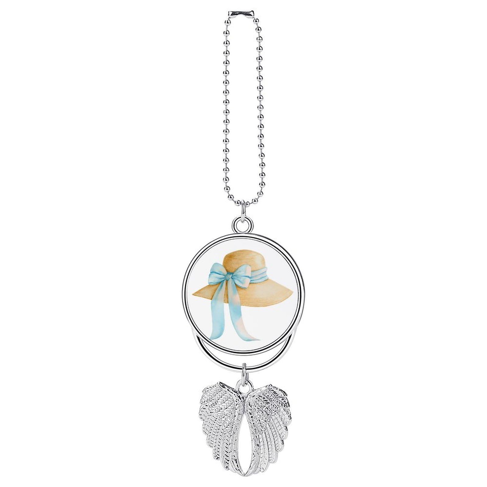 Elegant Straw Sun Hat with Soft Blue Ribbon Car Hanging Pendant Car Interior Decoration Rearview Mirror Charms Ornaments
