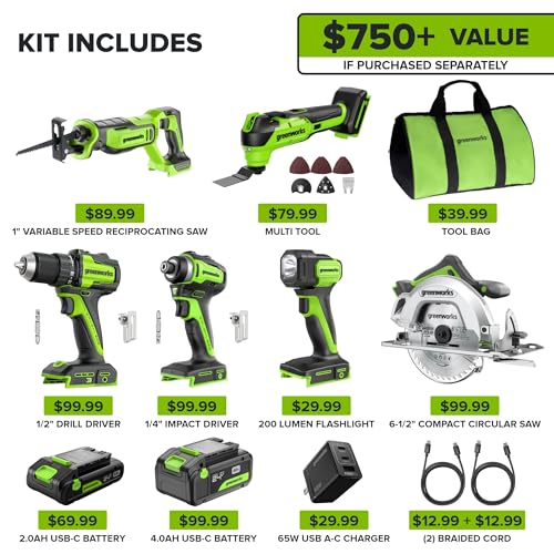 Image of GREENWORKS 24V (6-Tool) Combo (Drill, Impact Driver, Circular Saw, Reciprocating Saw, Multi-Tool, Flashlight), 4.0Ah + 2.0Ah (24,000mAh Power Bank) Batteries, (2) Cables, 65W Rapid Charger