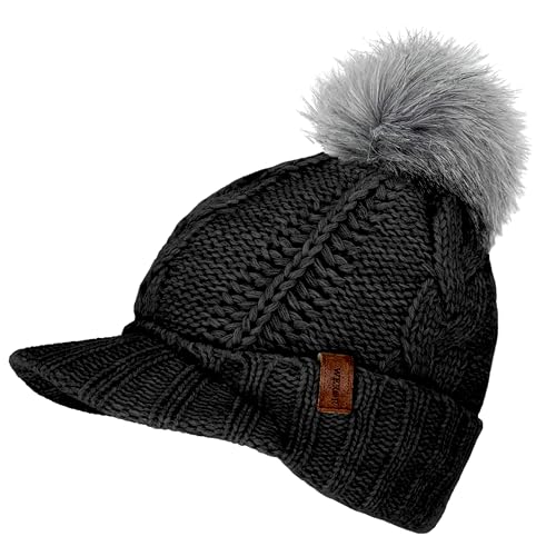 WEROR Strickmütze Damen – Bommelmütze mit Schild Schirmmütze Cap Winter - Mütze mit Schirm - Wintermütze gefüttert – WEROR-446.1 (Einheitsgröße, Schwarz)