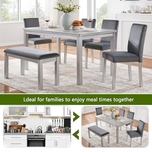 Image of KEIKI 6-Piece Standard Height Dining Table Set with Rectangular Table, 4 Upholstered Chair, Bench, for 6 Person, Crystal Decoration Table Set, Easy Assembly, for Kitchen, Dining Room, Silver Grey