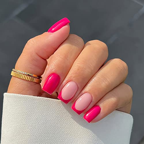 24Pcs French Tip Press On Nails Short Square Fake Nails Glossy False Nails Full Cover Acrylic Nails Pink Nail Tip Design Short Artificial Nails French Glue On Nails Stick On Nails For Women Diy Manicure Decoration #TOP18