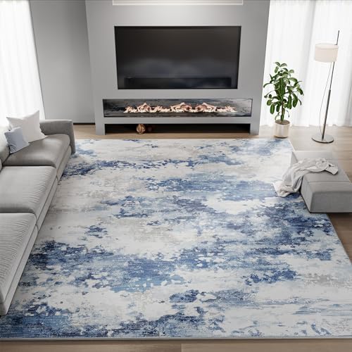 Area Rugs for Living Room 9x12 Carpet for Bedroom Rug Dining Room Office No Pile Machine Washable Non Slip Durable Grey/Blue Abstract-navy 9' x 12' (Rectangular)