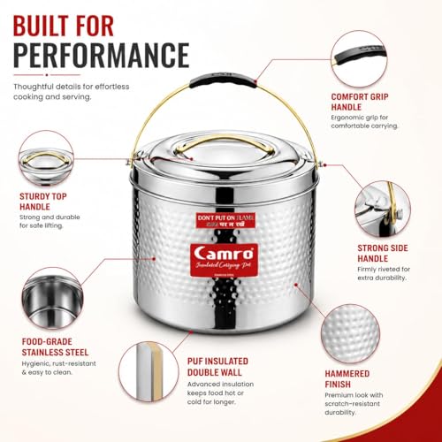 Image of Camro Sambar Pot Hammered 15 Liters | Sambar Pot with Lid | Casserole for Cooking | Canteen & Hotel Casserole Container | Picnic Hot | Biryani Box Hot & Cold Serving